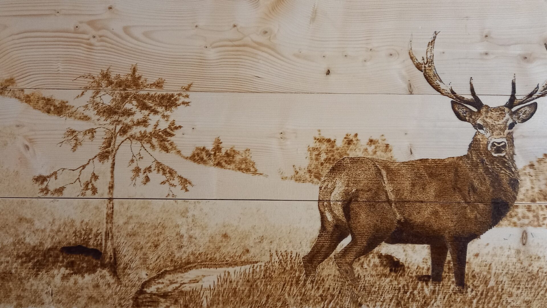 Cervo. Pannello con perline 20 mm in legno di abete. Pirografia, 2022.. Pirografia, 2022