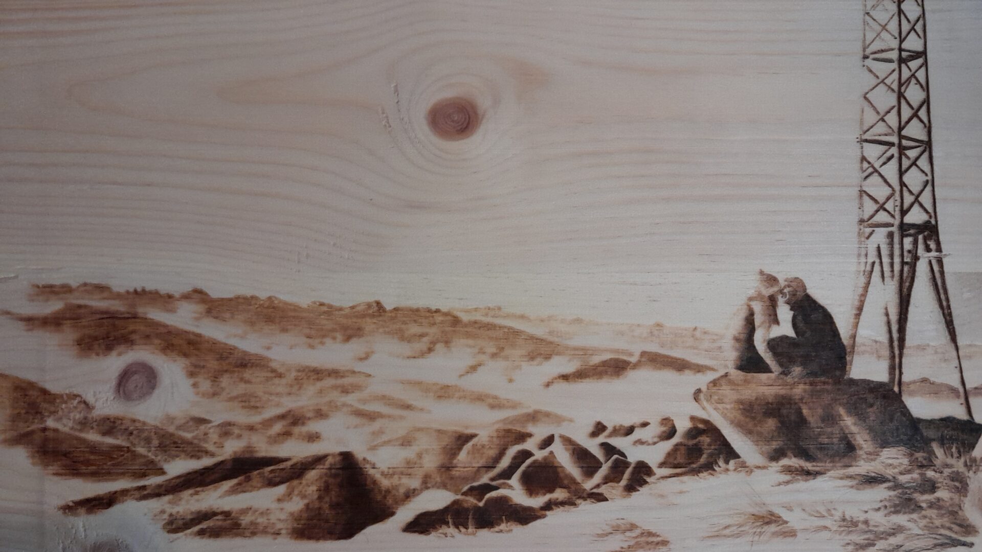 Scena di montagna. Ritratto su commissione in legno di cirmolo. Pirografia, 2022.. Pirografia, 2022