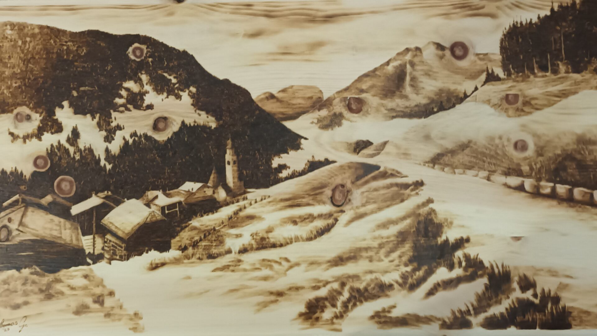Paesaggio di Vignola su legno di cirmolo. Pirografia, 2023.. Pirografia, 2023