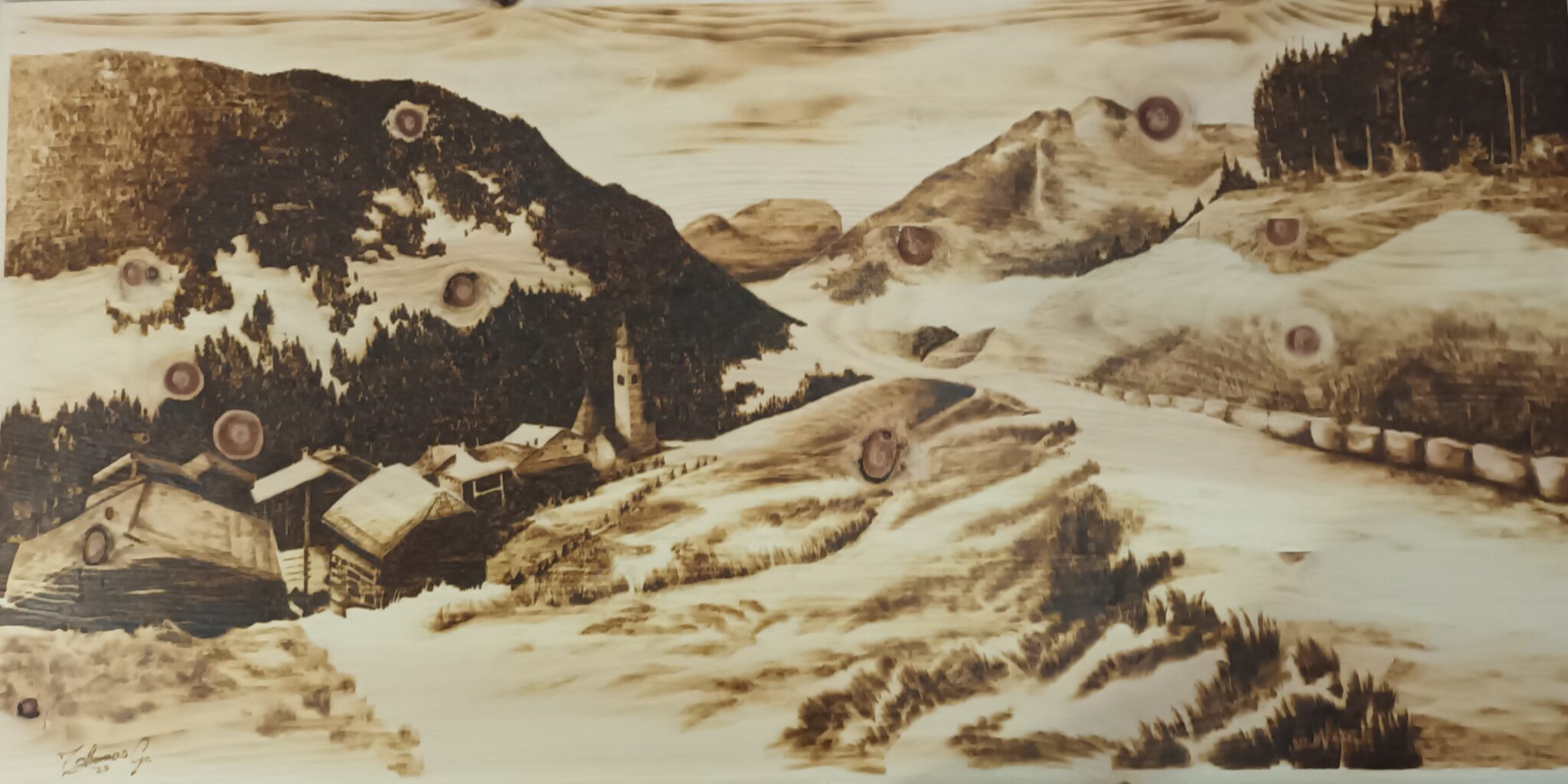 Paesaggio di Vignola su legno di cirmolo. Pirografia, 2023.. Pirografia, 2023